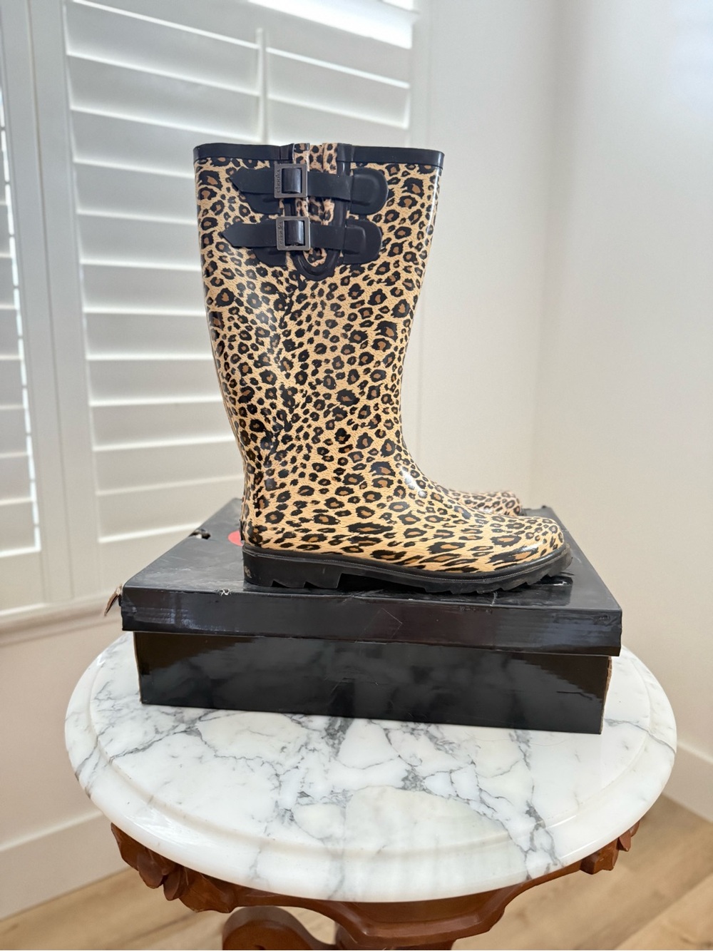chooka Leopard Print Tall Rain Boots in Black and Tan - Picture 6 of 7